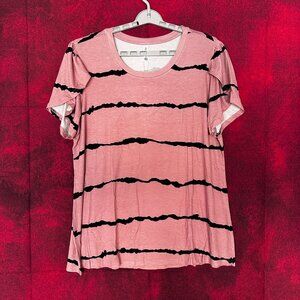 DILIUXING PINK STRIPED WOMEN SHIRT/TUNIC TOP, RUFFLE SHORT SLEEVE, 3XL
